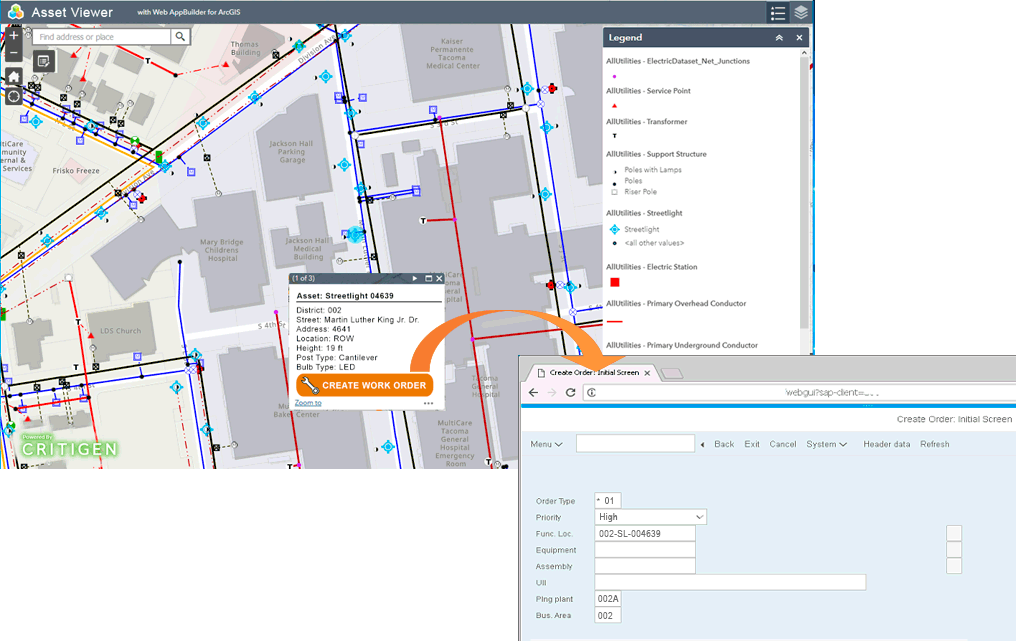 Image depicting launch of SAP transactions directly from an Esri Web Map