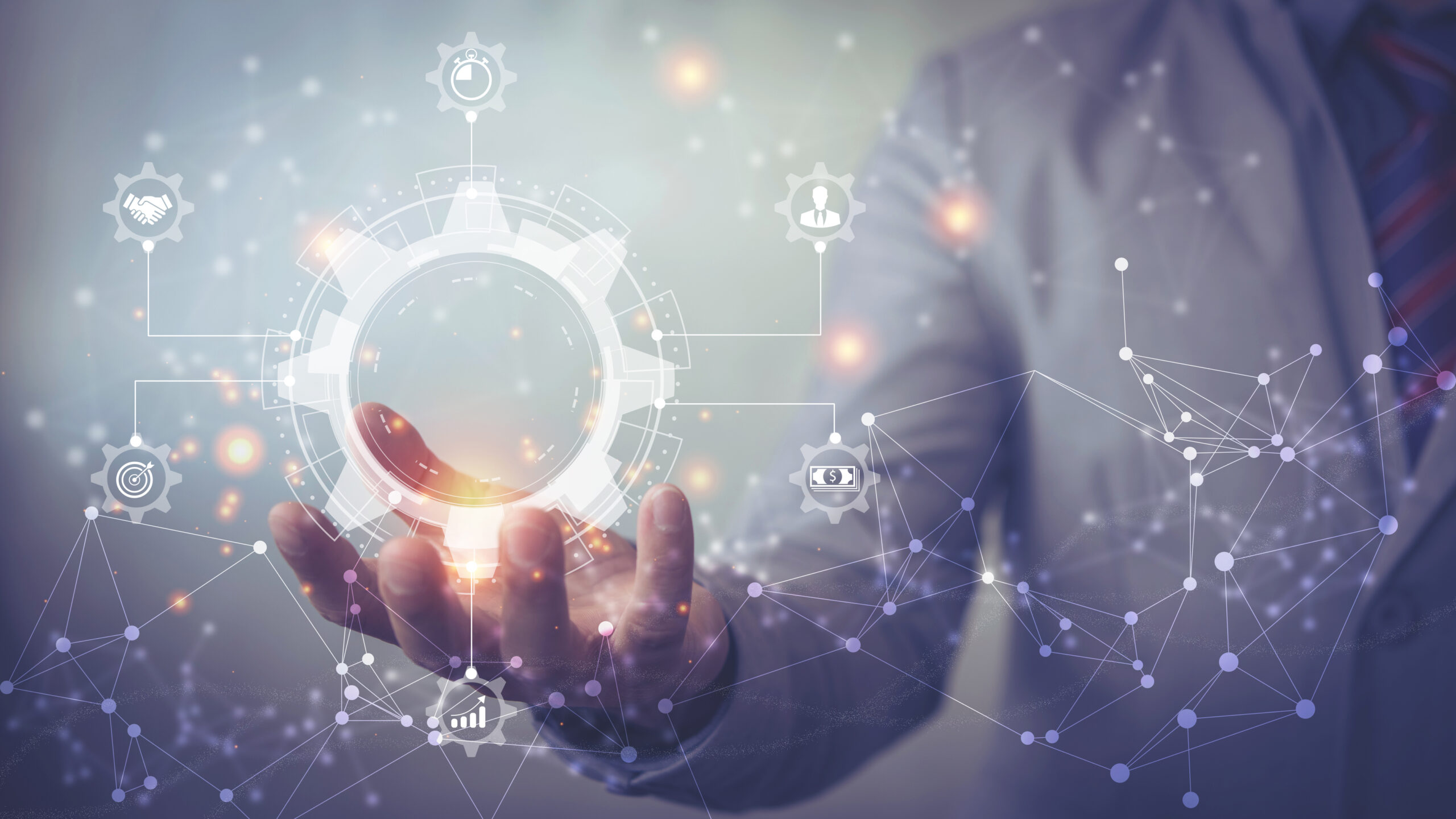 Business process management and workflow automation diagram with gears and icons with connection line network in background. Manager touching interface Manager touching interface