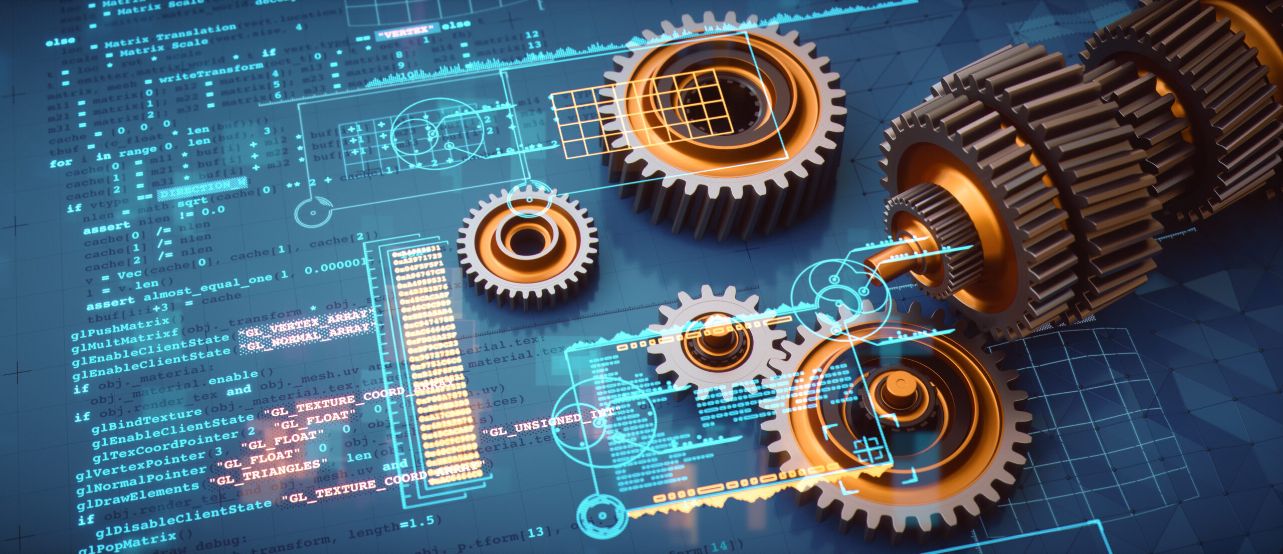Gearshift engineering mechanism design concept with a computer code blueprint, gear parts and virtual reality glowing digital infographic overlay. Gearshift engineering mechanism