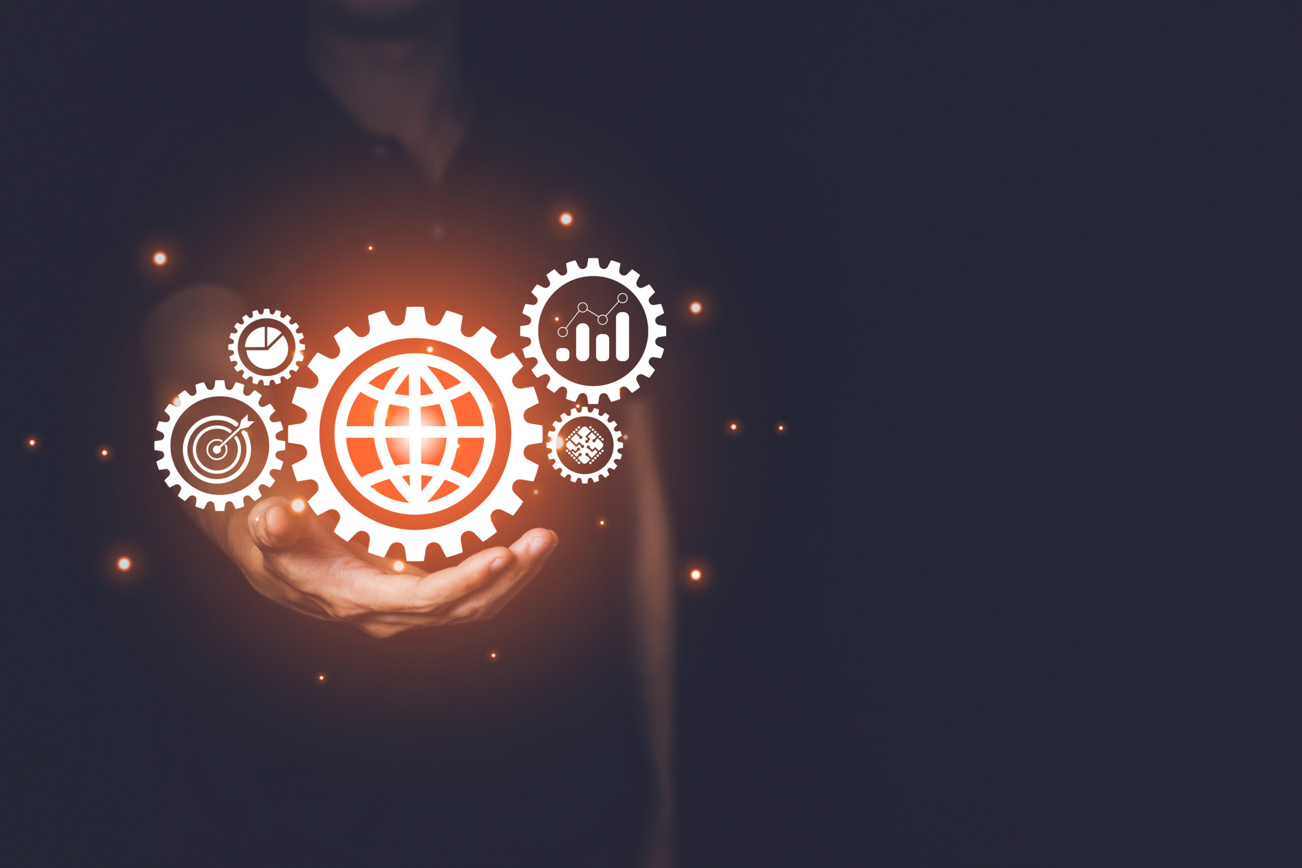 Gears on hand of Businessman. Successful business and process management. Workflow automation diagram. Planning growth strategy. Gears on hand of Businessman.